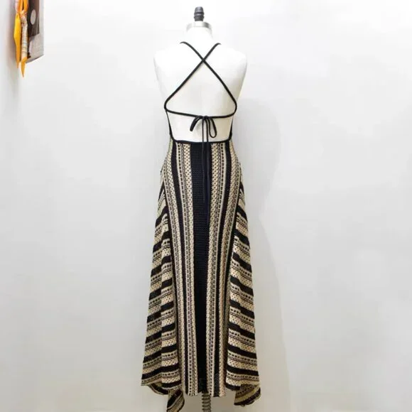 BEST REISS Annie Stripe Crochet-Knit Tie-Back Maxi Dress XS/S/M Black/Neutral - Picture 8 of 13